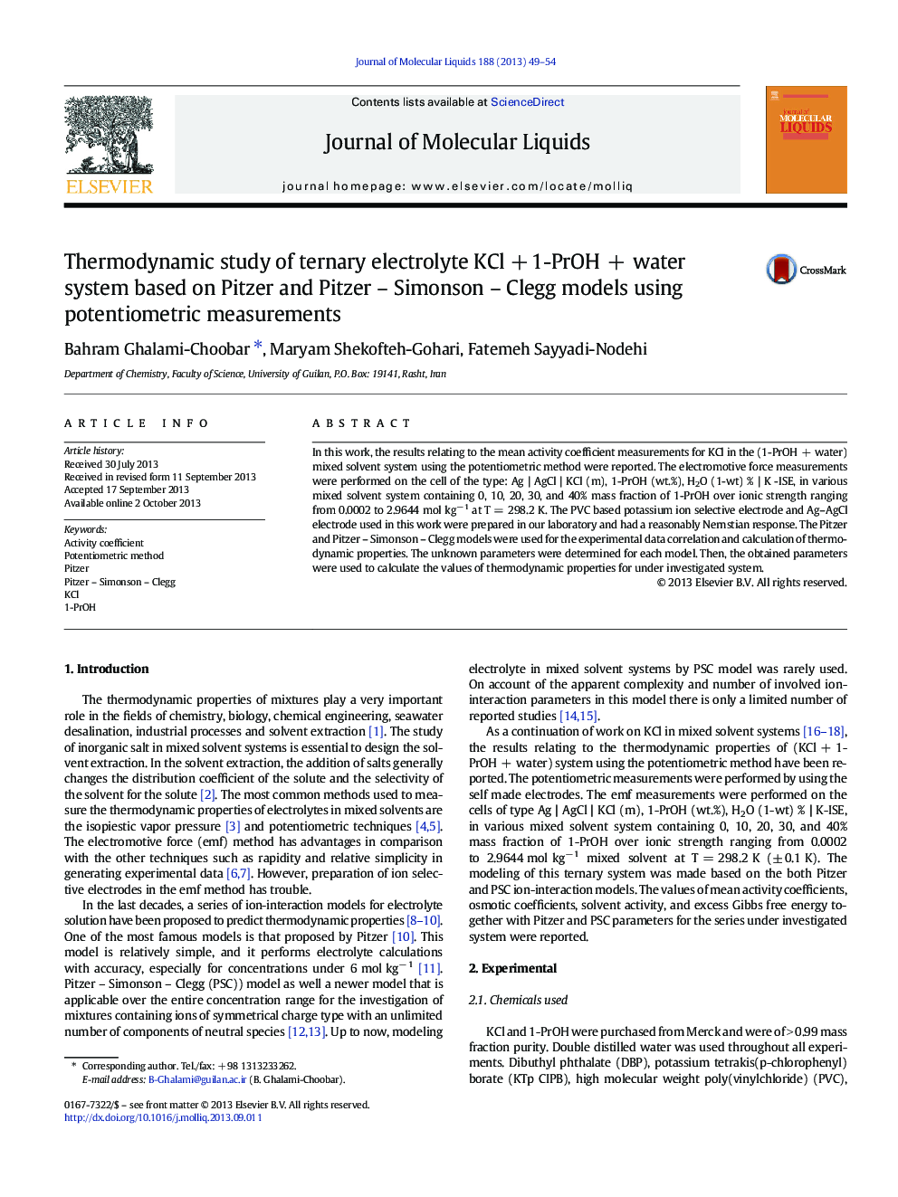 Thermodynamic study of ternary electrolyte KCl +Â 1-PrOHÂ +Â water system based on Pitzer and Pitzer - Simonson - Clegg models using potentiometric measurements