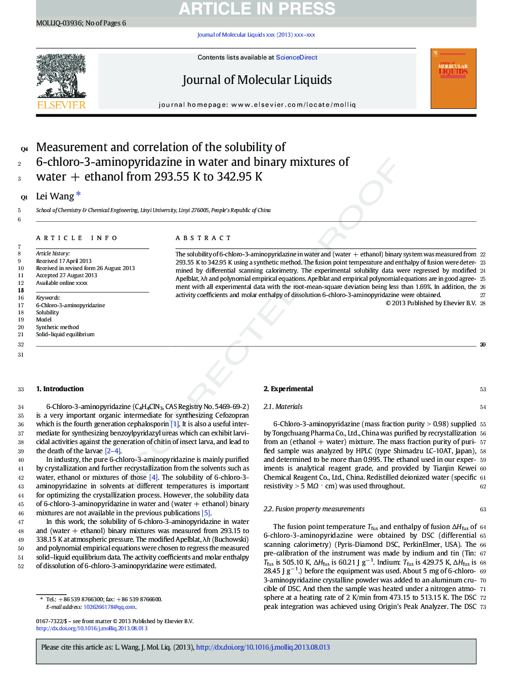 Measurement and correlation of the solubility of 6-chloro-3-aminopyridazine in water and binary mixtures of waterÂ +Â ethanol from 293.55Â K to 342.95Â K