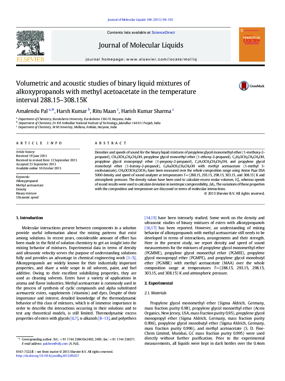 Volumetric and acoustic studies of binary liquid mixtures of alkoxypropanols with methyl acetoacetate in the temperature interval 288.15-308.15Â K