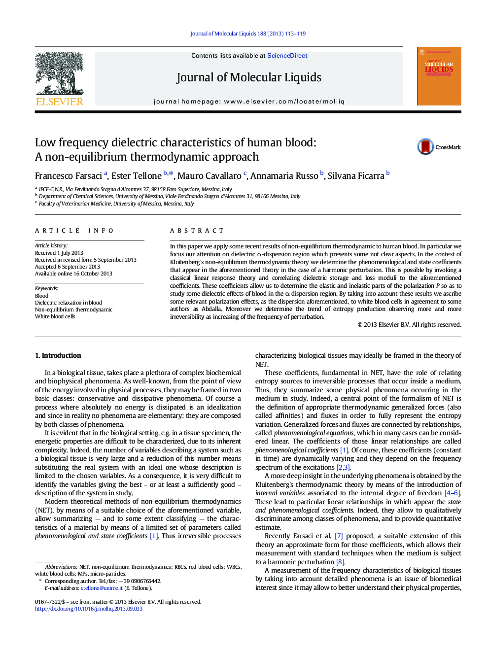 Low frequency dielectric characteristics of human blood: A non-equilibrium thermodynamic approach