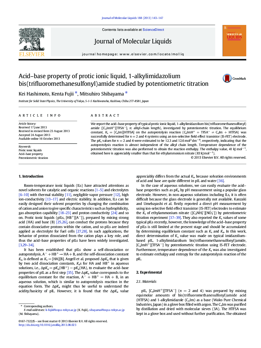 Acid-base property of protic ionic liquid, 1-alkylimidazolium bis(trifluoromethanesulfonyl)amide studied by potentiometric titration