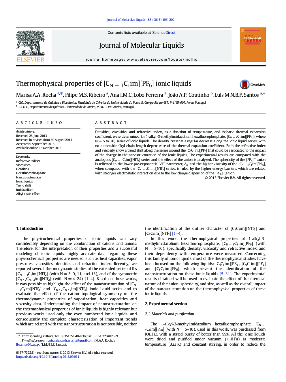 Thermophysical properties of [CNÂ âÂ 1C1im][PF6] ionic liquids