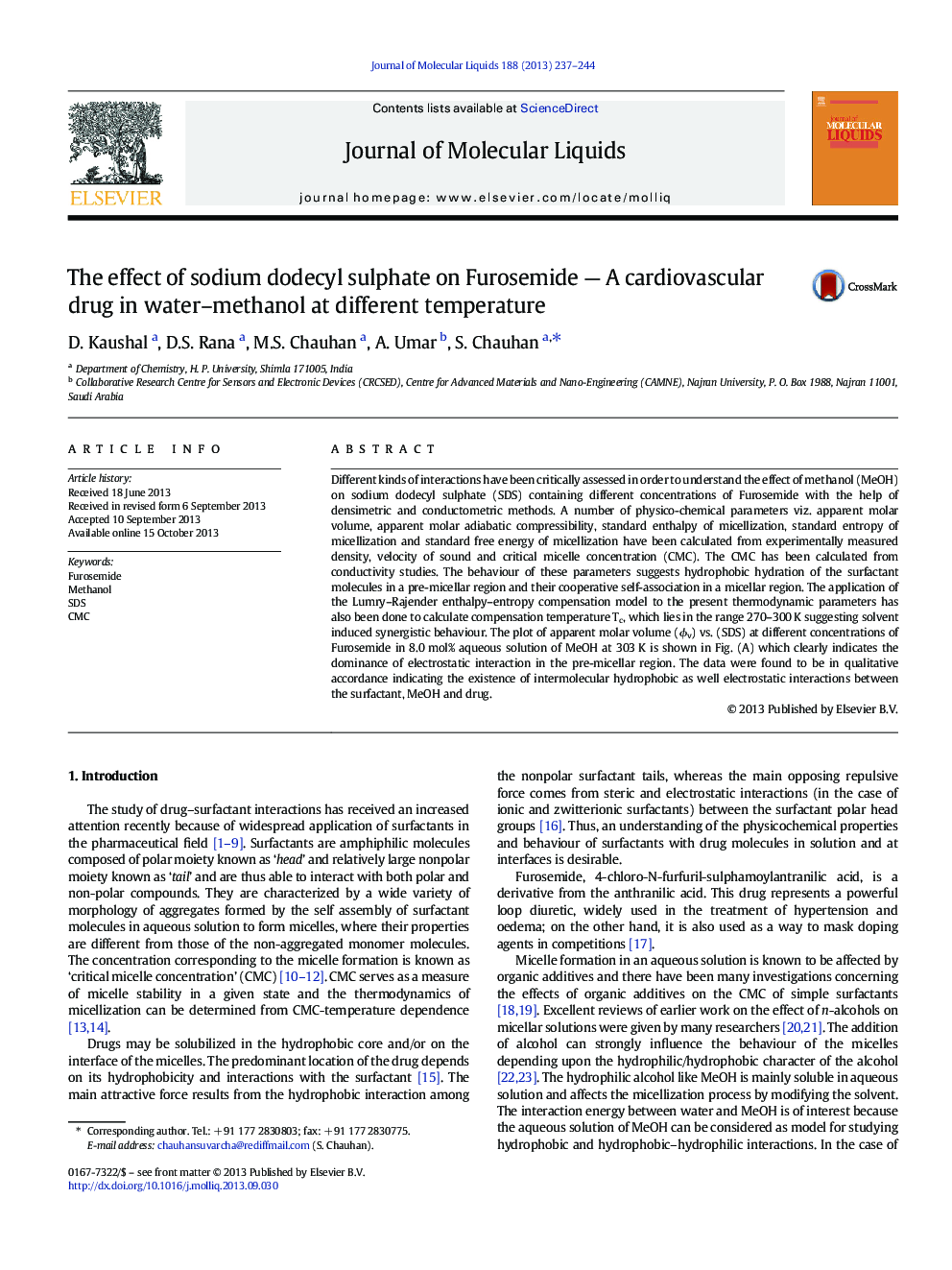 The effect of sodium dodecyl sulphate on Furosemide - A cardiovascular drug in water-methanol at different temperature