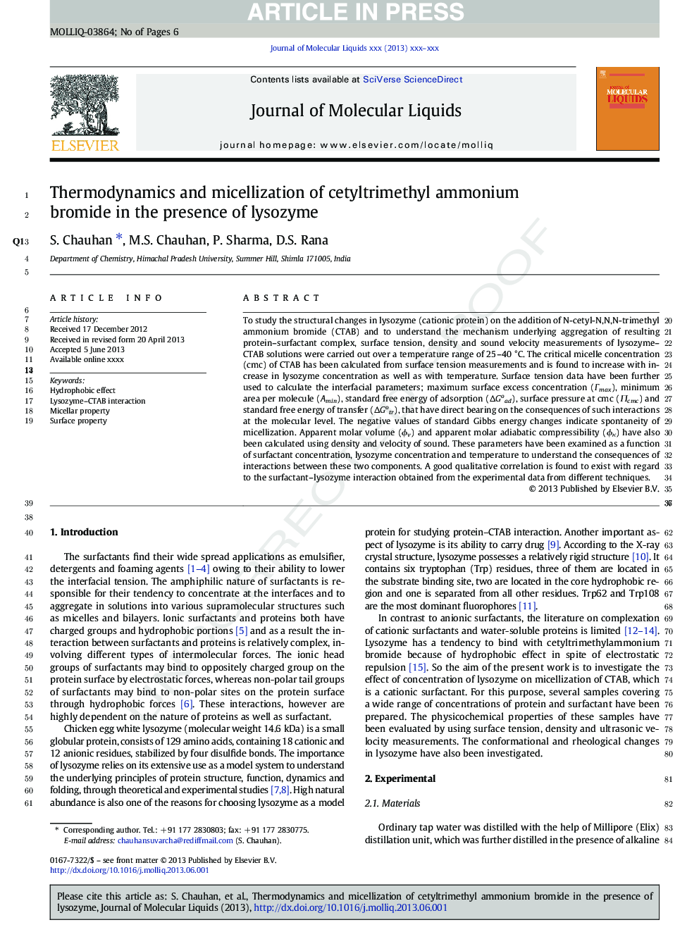 Thermodynamics and micellization of cetyltrimethyl ammonium bromide in the presence of lysozyme