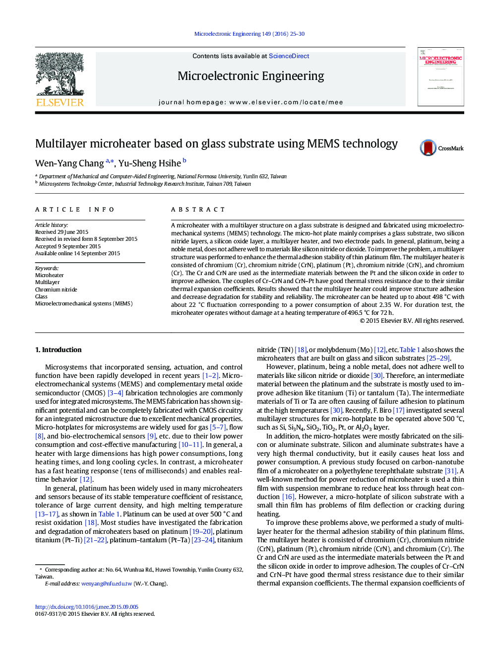 Multilayer microheater based on glass substrate using MEMS technology