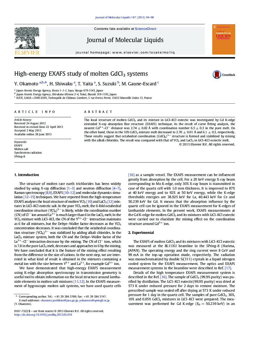 High-energy EXAFS study of molten GdCl3 systems