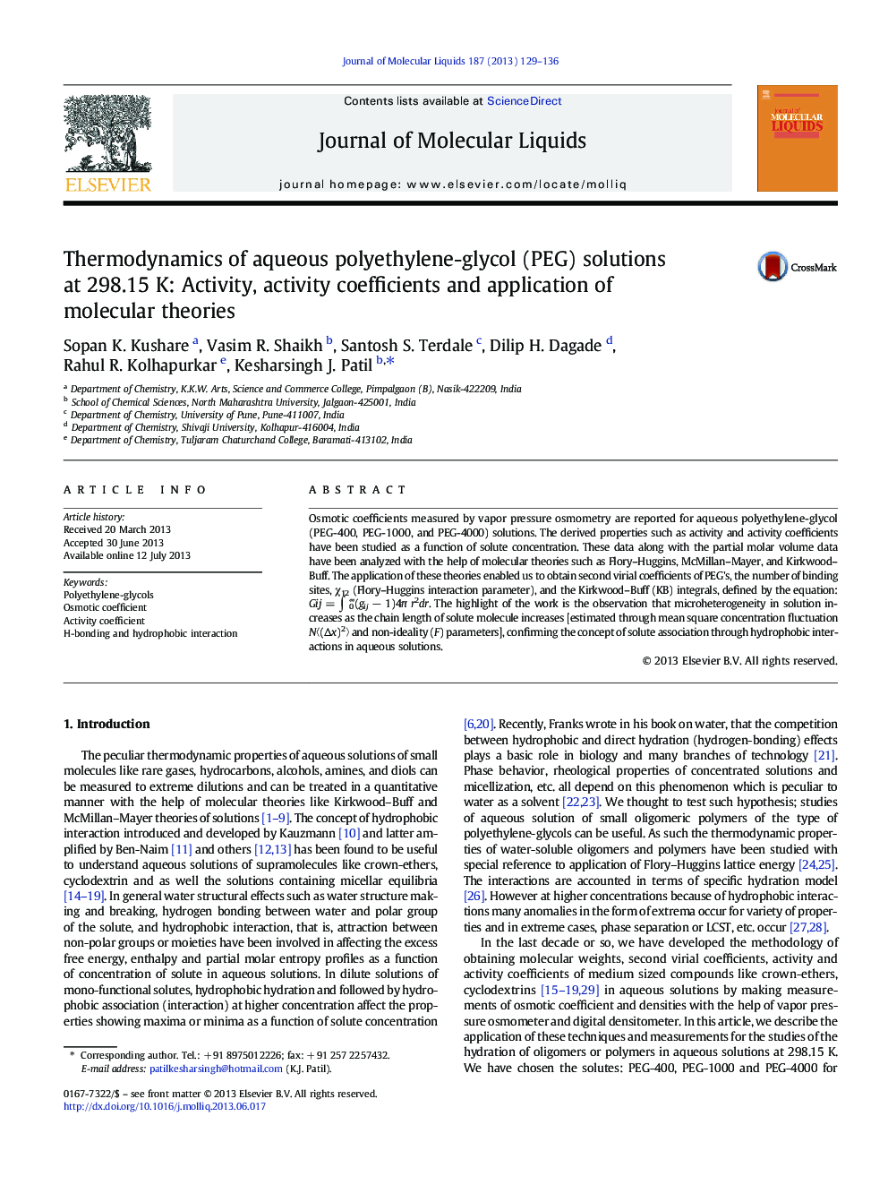 Thermodynamics of aqueous polyethylene-glycol (PEG) solutions at 298.15Â K: Activity, activity coefficients and application of molecular theories