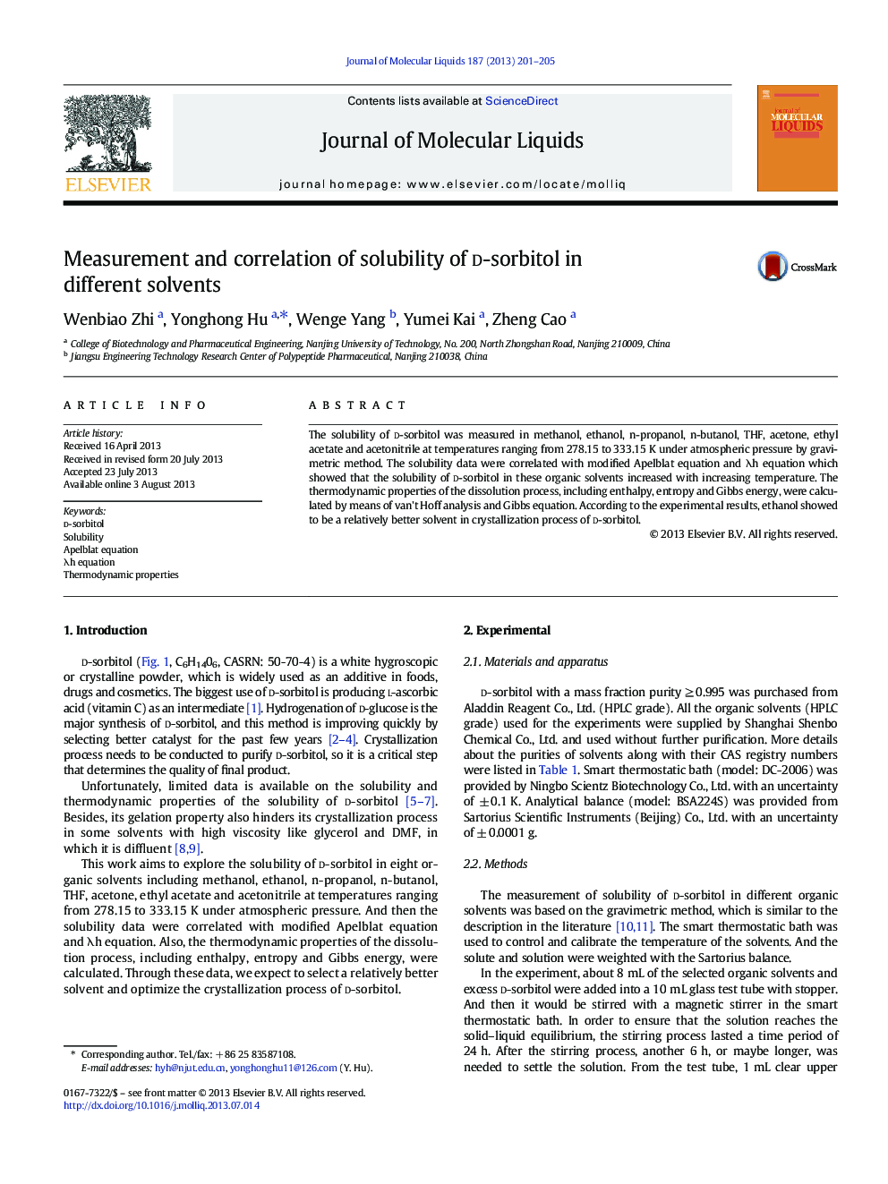 Measurement and correlation of solubility of d-sorbitol in different solvents