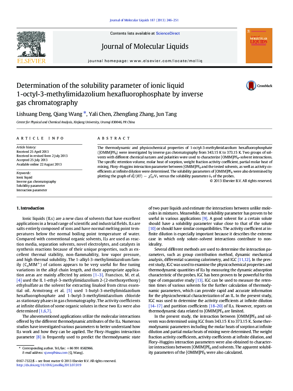 Determination of the solubility parameter of ionic liquid 1-octyl-3-methylimidazolium hexafluorophosphate by inverse gas chromatography