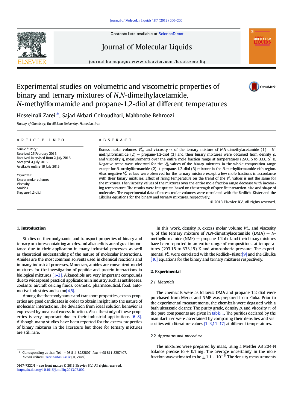 Experimental studies on volumetric and viscometric properties of binary and ternary mixtures of N,N-dimethylacetamide, N-methylformamide and propane-1,2-diol at different temperatures