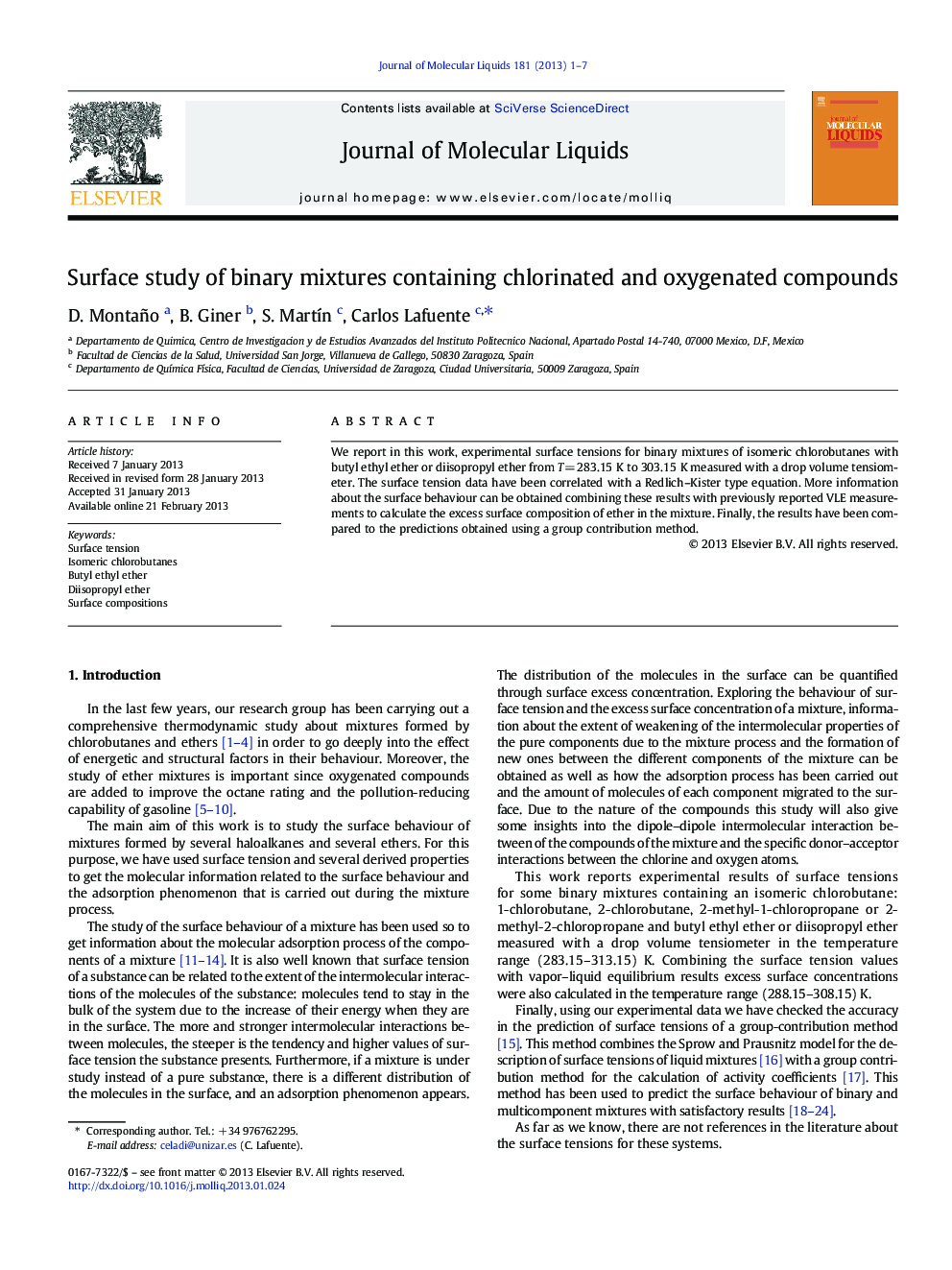 Surface study of binary mixtures containing chlorinated and oxygenated compounds