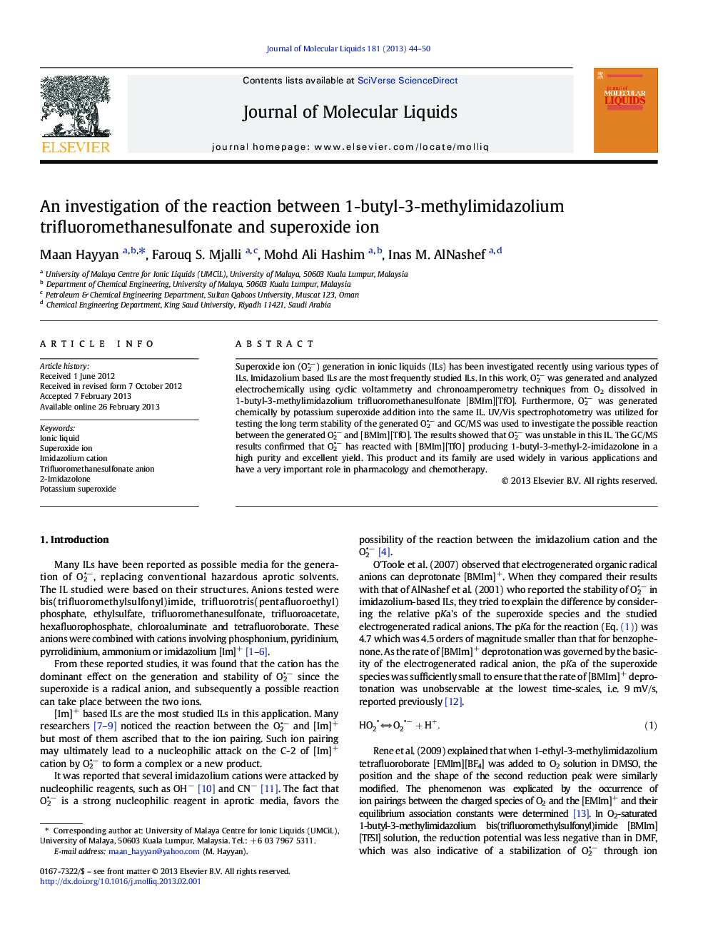 An investigation of the reaction between 1-butyl-3-methylimidazolium trifluoromethanesulfonate and superoxide ion