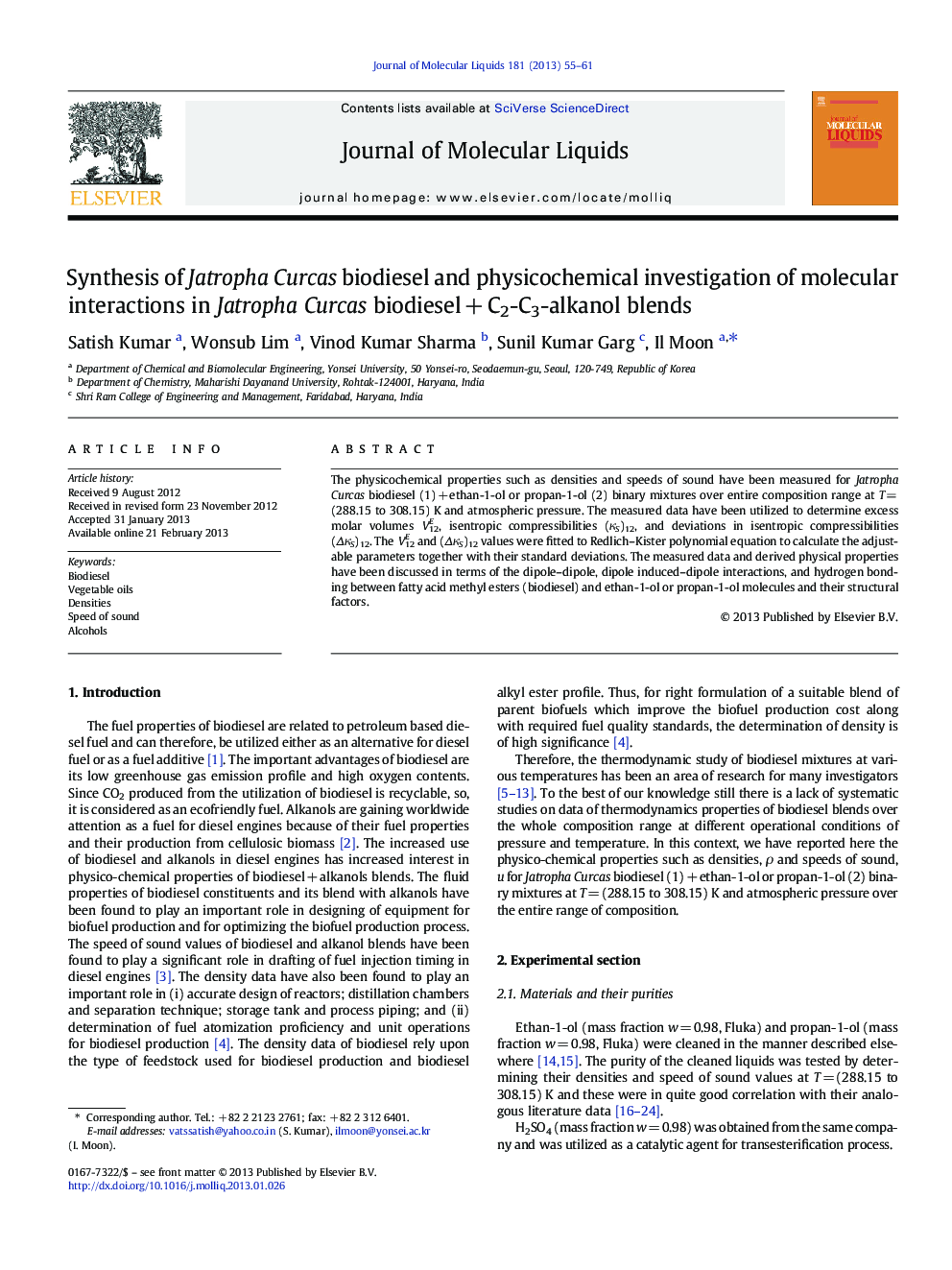 Synthesis of Jatropha Curcas biodiesel and physicochemical investigation of molecular interactions in Jatropha Curcas biodieselÂ +Â C2-C3-alkanol blends