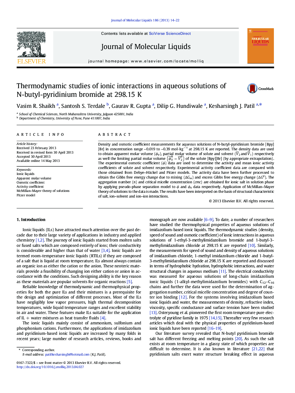 Thermodynamic studies of ionic interactions in aqueous solutions of N-butyl-pyridinium bromide at 298.15Â K