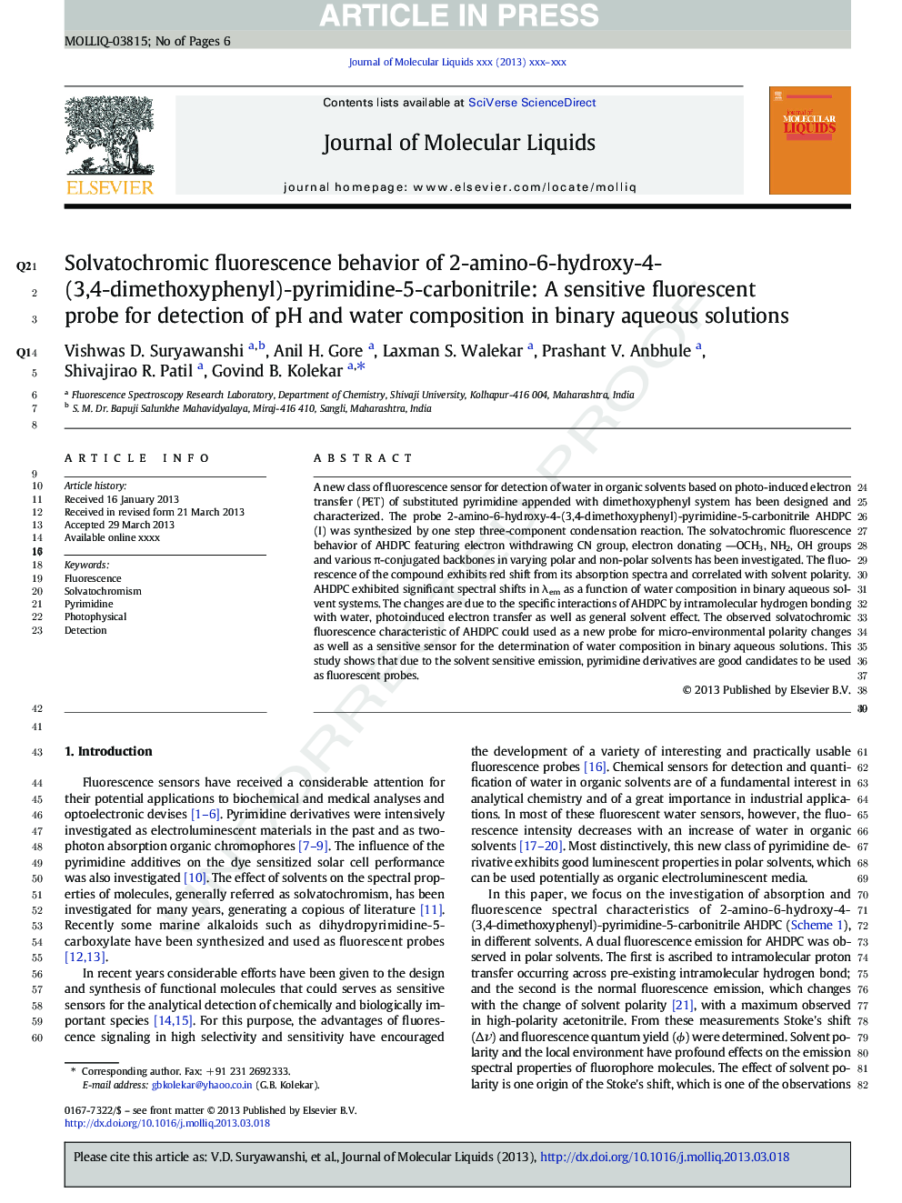 Solvatochromic fluorescence behavior of 2-amino-6-hydroxy-4-(3,4-dimethoxyphenyl)-pyrimidine-5-carbonitrile: A sensitive fluorescent probe for detection of pH and water composition in binary aqueous solutions