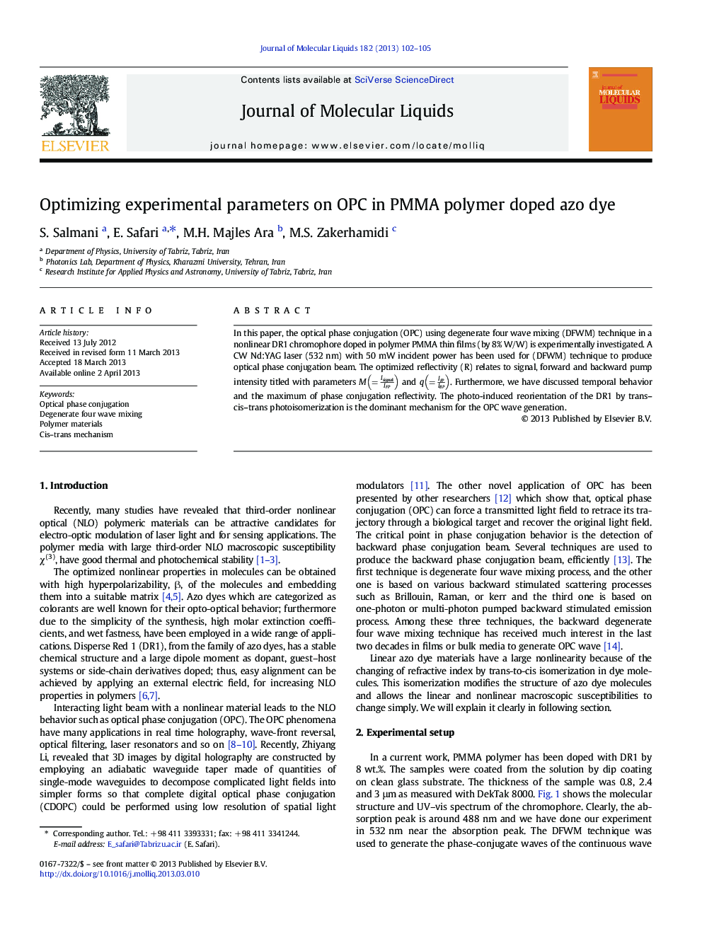 Optimizing experimental parameters on OPC in PMMA polymer doped azo dye