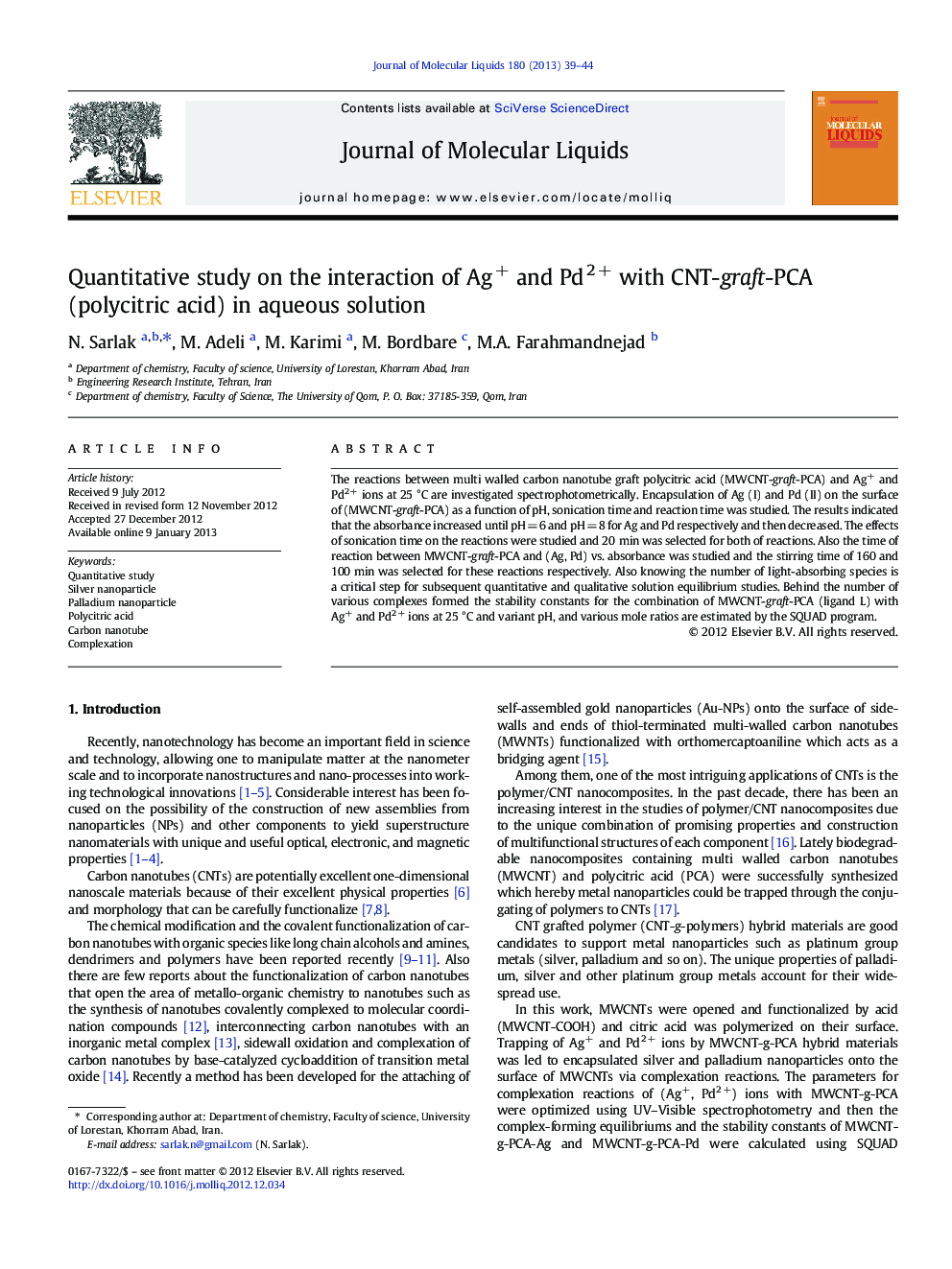 Quantitative study on the interaction of Ag+ and Pd2Â + with CNT-graft-PCA (polycitric acid) in aqueous solution
