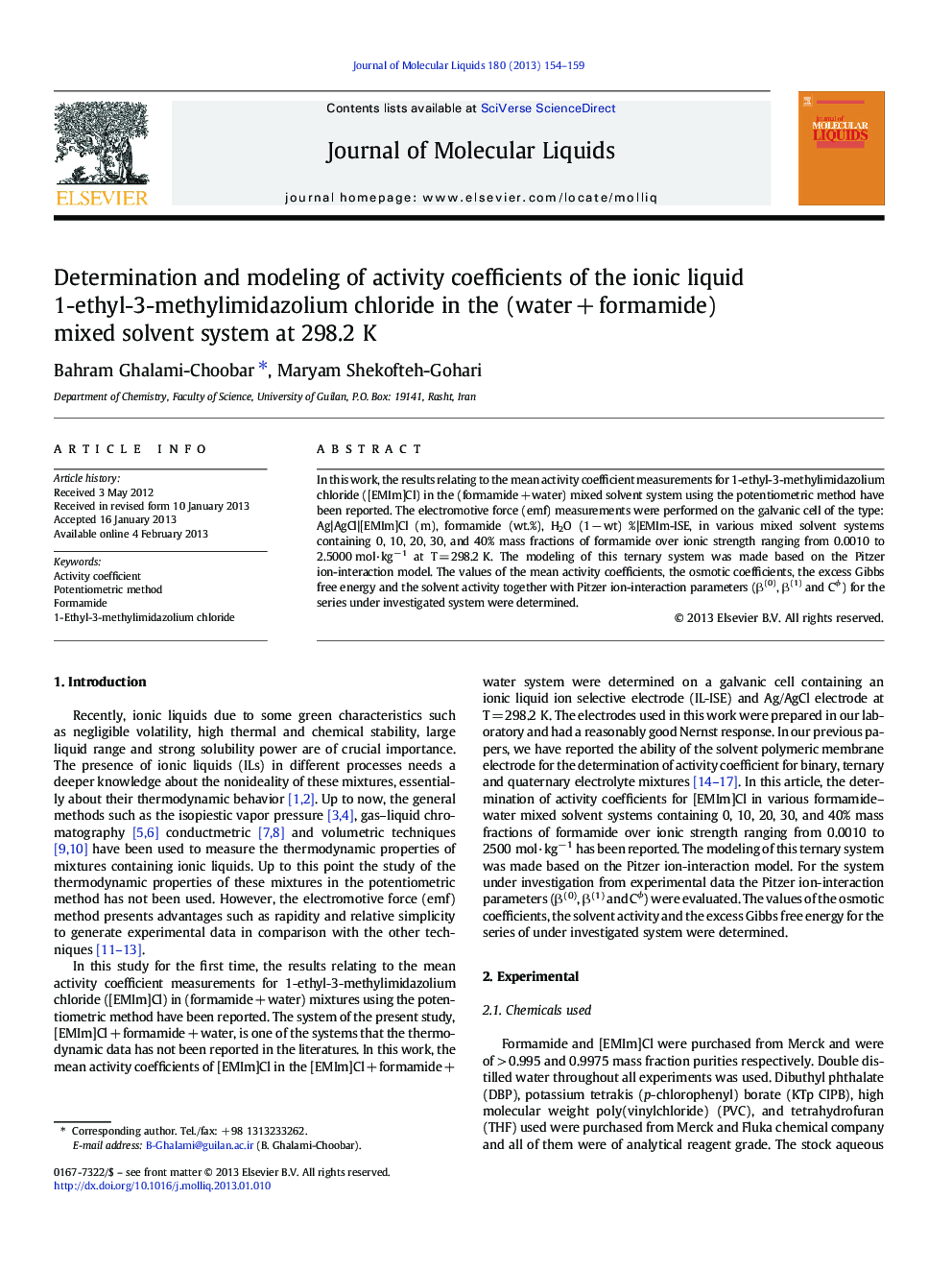 Determination and modeling of activity coefficients of the ionic liquid 1-ethyl-3-methylimidazolium chloride in the (waterÂ +Â formamide) mixed solvent system at 298.2Â K