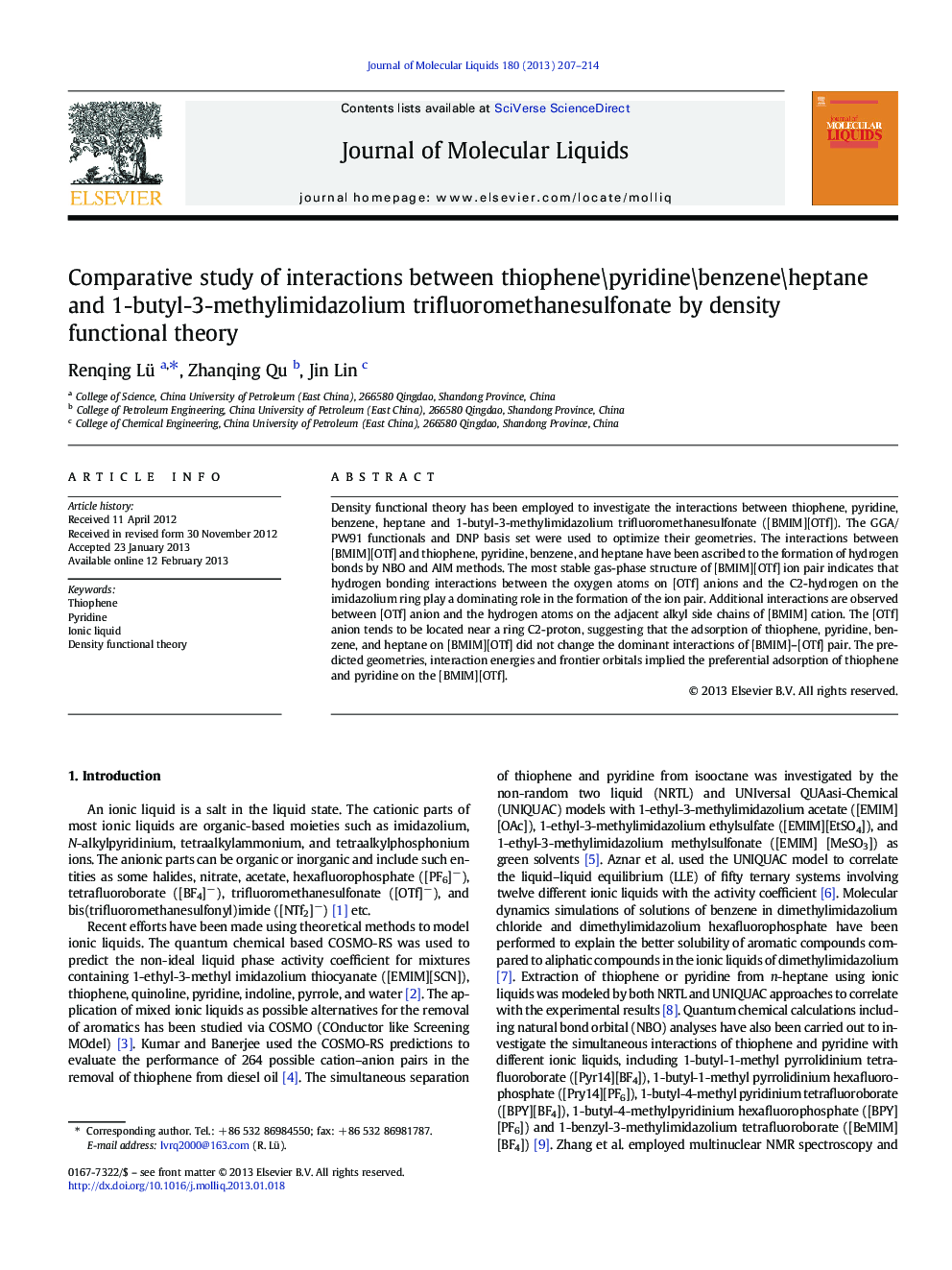 Comparative study of interactions between thiophene\pyridine\benzene\heptane and 1-butyl-3-methylimidazolium trifluoromethanesulfonate by density functional theory