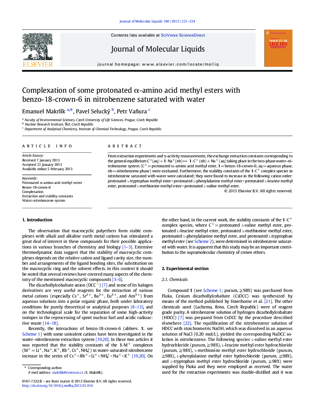 Complexation of some protonated Î±-amino acid methyl esters with benzo-18-crown-6 in nitrobenzene saturated with water