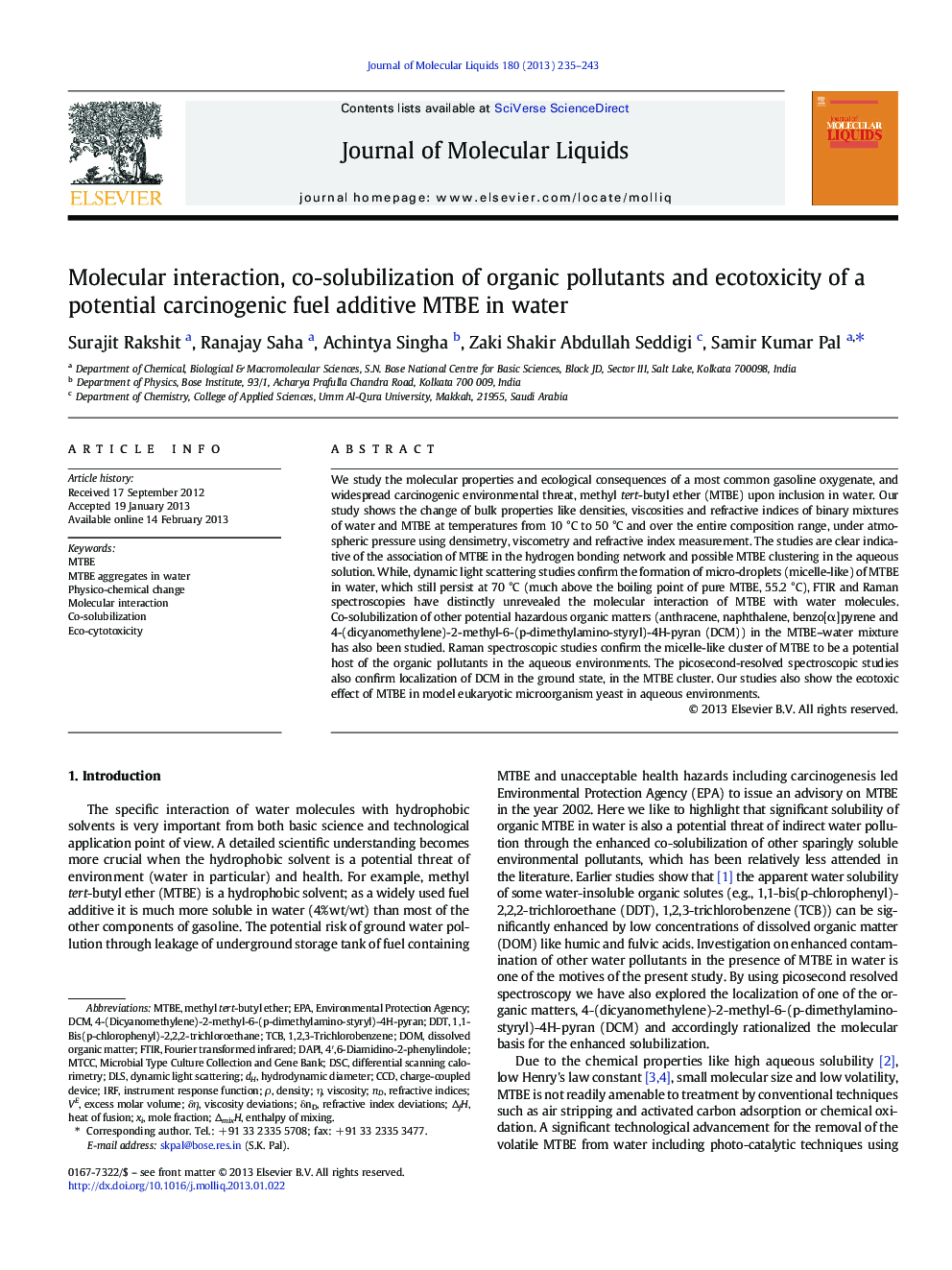 Molecular interaction, co-solubilization of organic pollutants and ecotoxicity of a potential carcinogenic fuel additive MTBE in water