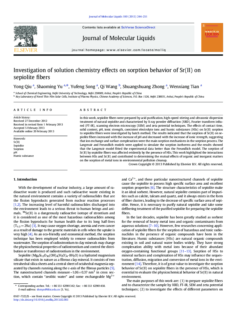 Investigation of solution chemistry effects on sorption behavior of Sr(II) on sepiolite fibers