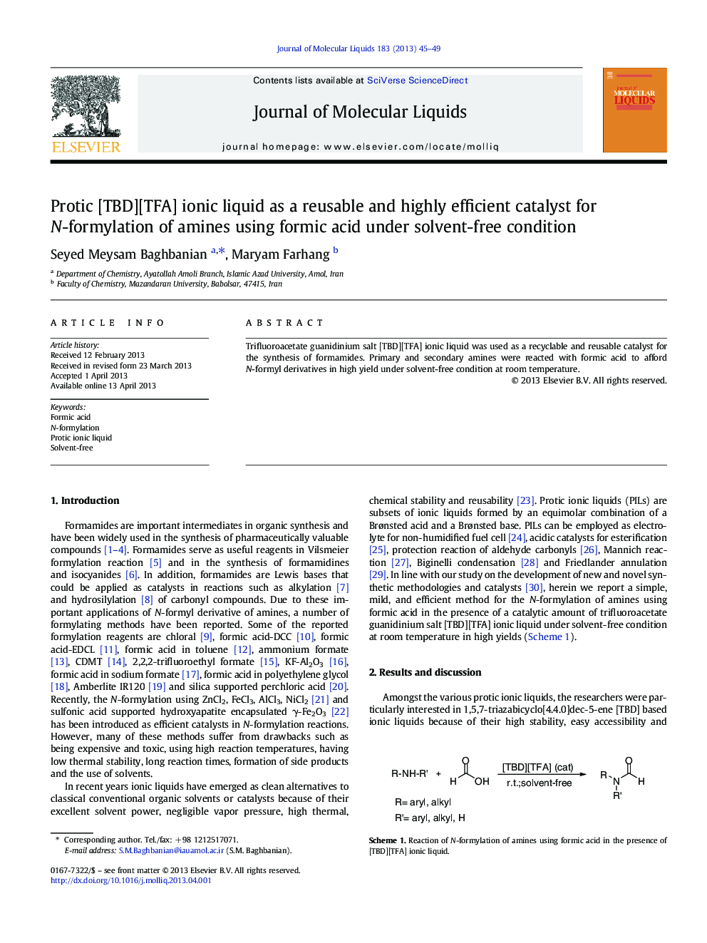 Protic [TBD][TFA] ionic liquid as a reusable and highly efficient catalyst for N-formylation of amines using formic acid under solvent-free condition