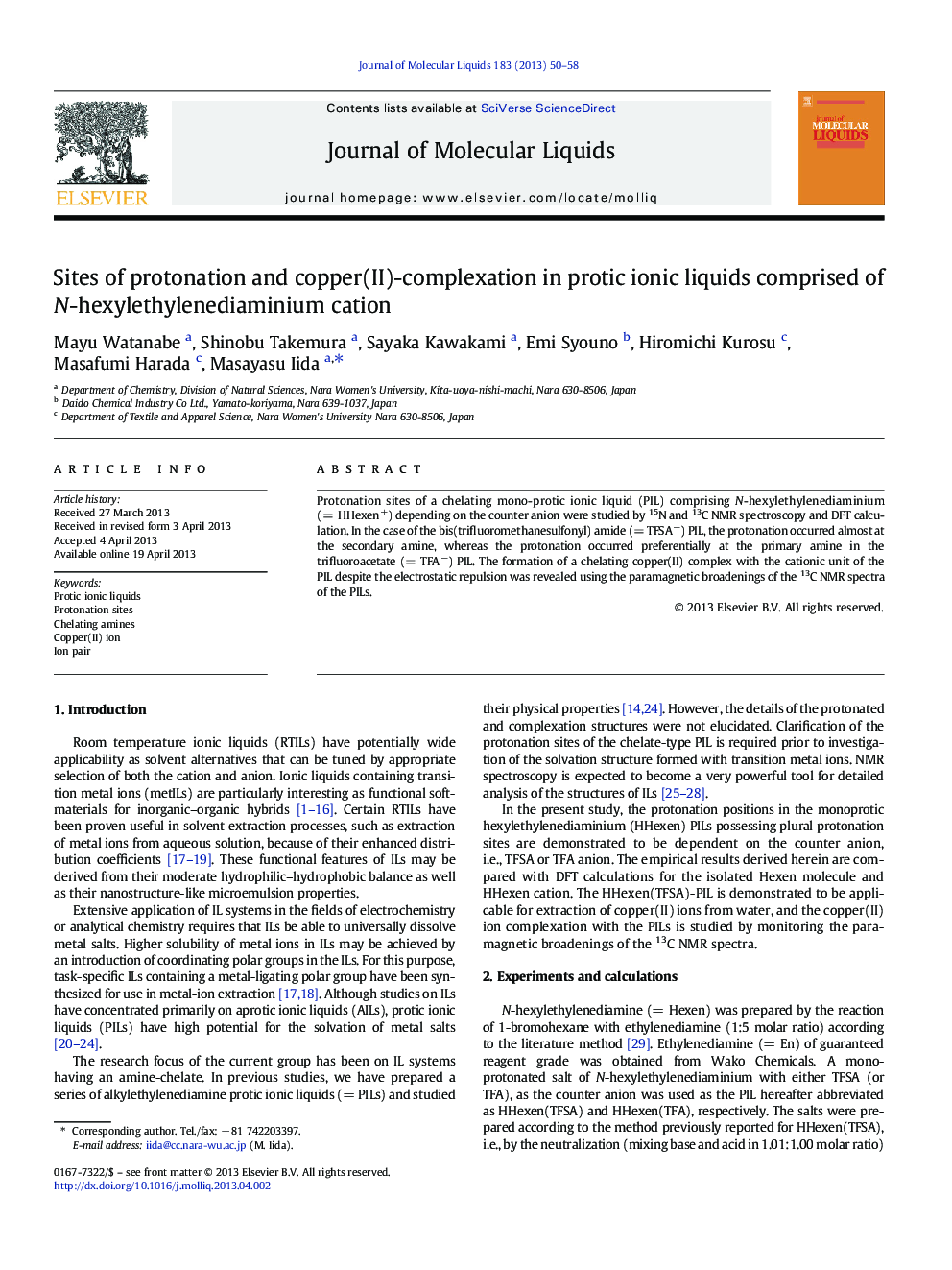 Sites of protonation and copper(II)-complexation in protic ionic liquids comprised of N-hexylethylenediaminium cation