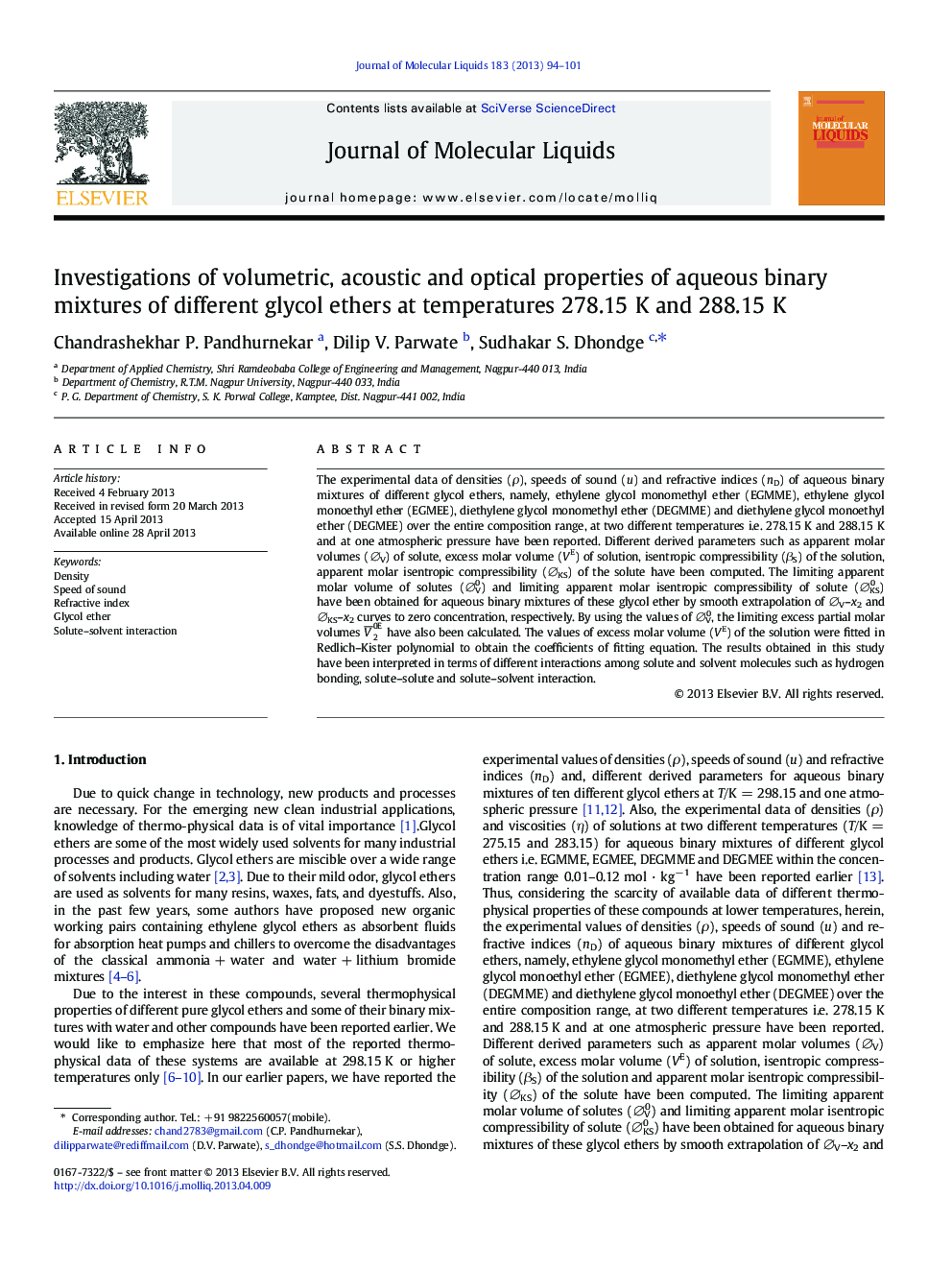 Investigations of volumetric, acoustic and optical properties of aqueous binary mixtures of different glycol ethers at temperatures 278.15Â K and 288.15Â K