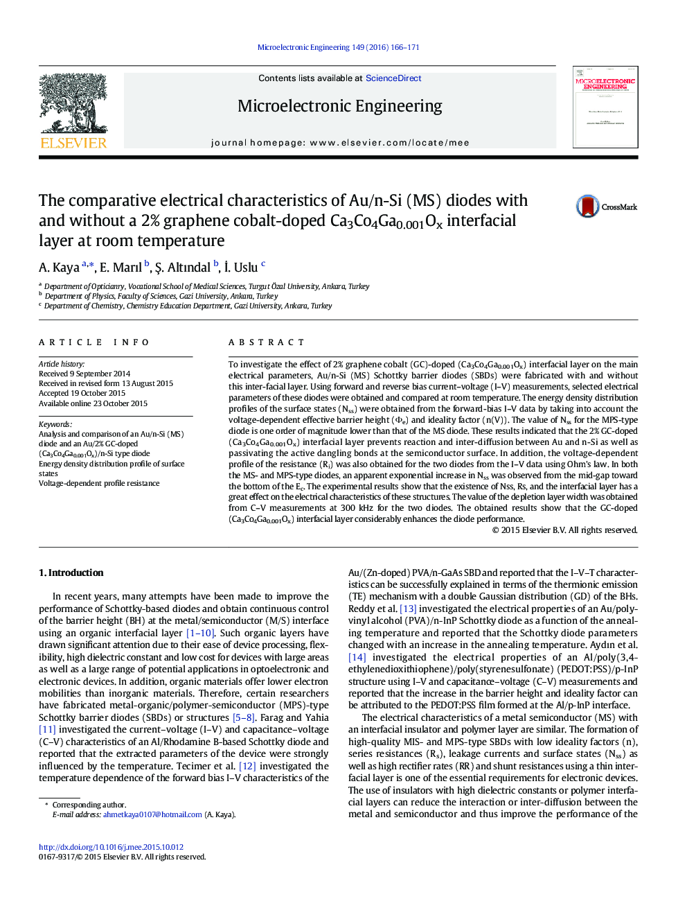The comparative electrical characteristics of Au/n-Si (MS) diodes with and without a 2% graphene cobalt-doped Ca3Co4Ga0.001Ox interfacial layer at room temperature