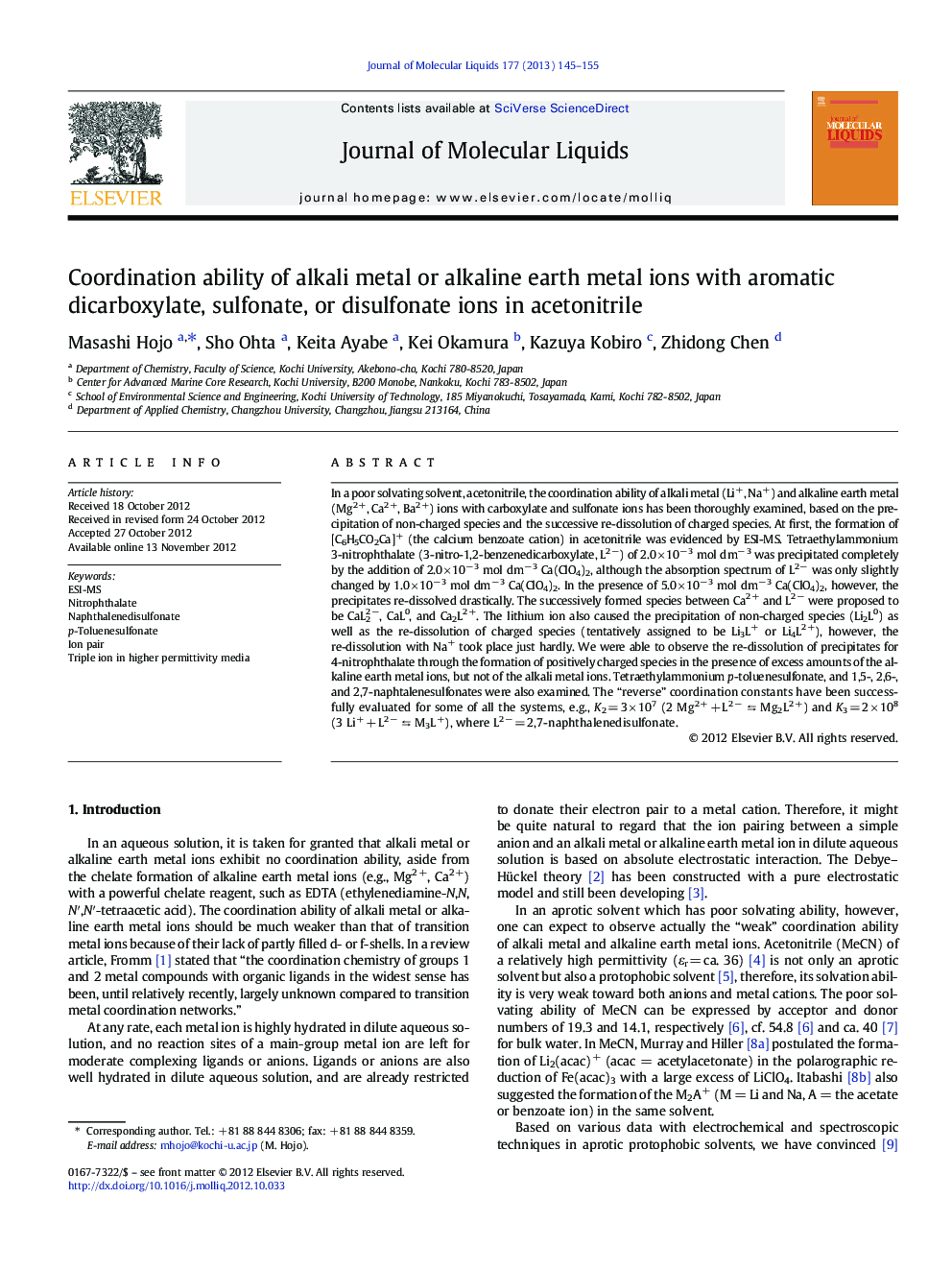 Coordination ability of alkali metal or alkaline earth metal ions with aromatic dicarboxylate, sulfonate, or disulfonate ions in acetonitrile