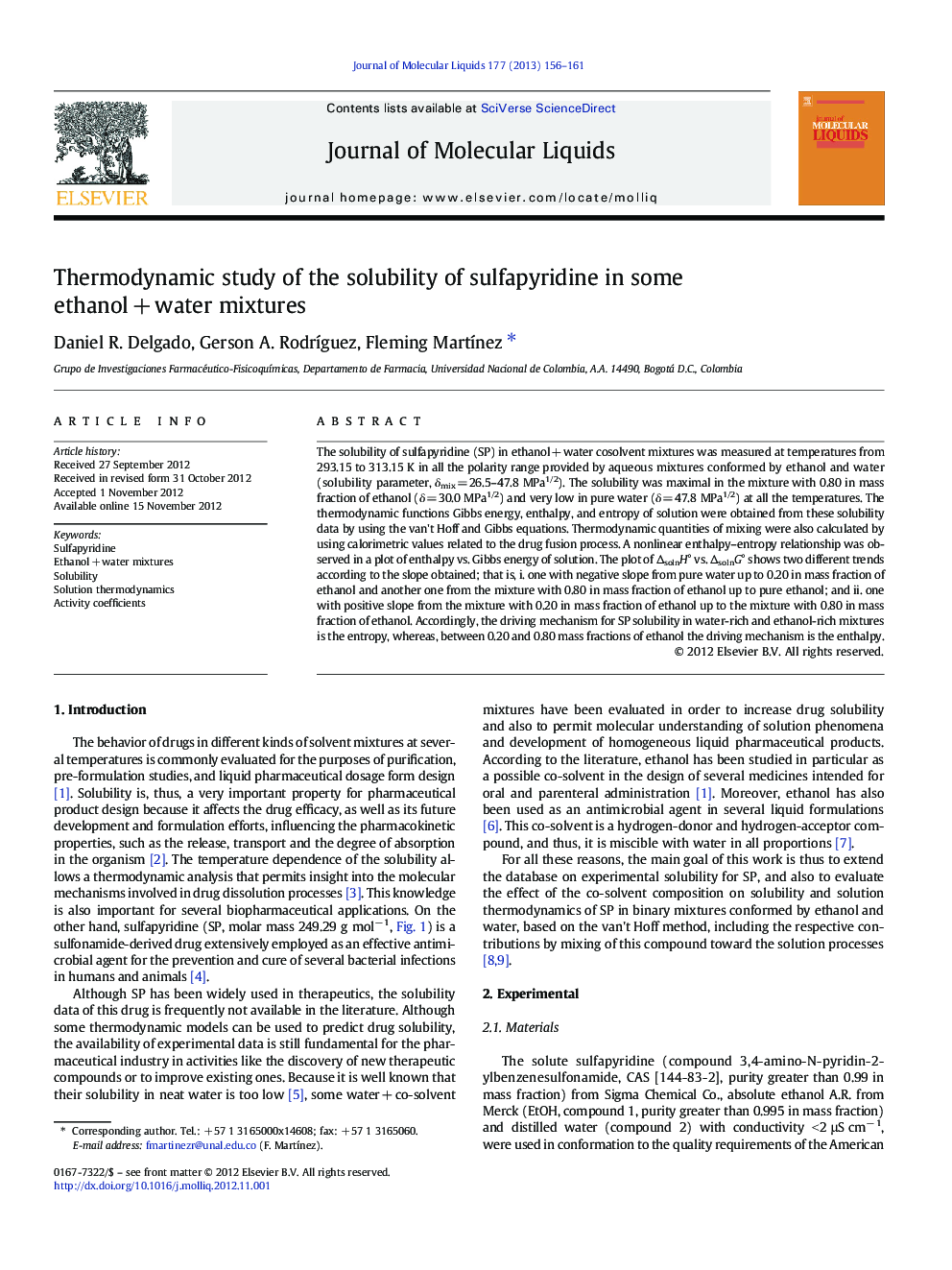 Thermodynamic study of the solubility of sulfapyridine in some ethanolÂ +Â water mixtures