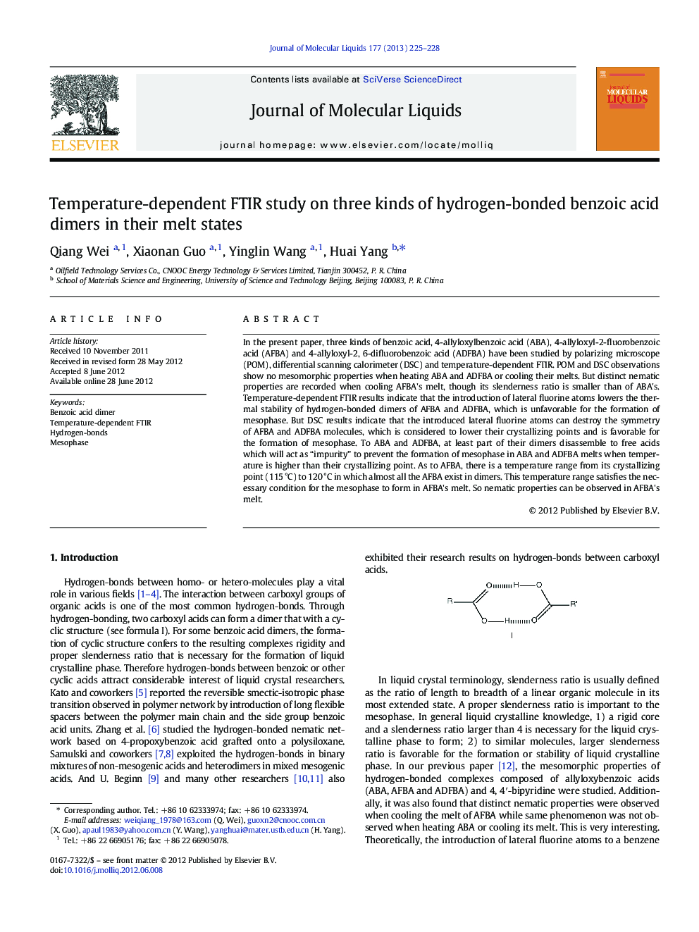 Temperature-dependent FTIR study on three kinds of hydrogen-bonded benzoic acid dimers in their melt states