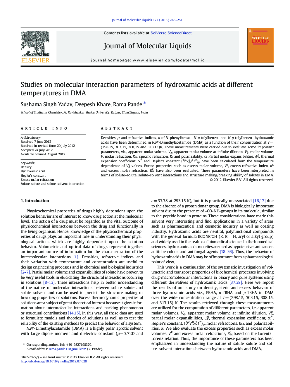 Studies on molecular interaction parameters of hydroxamic acids at different temperatures in DMA