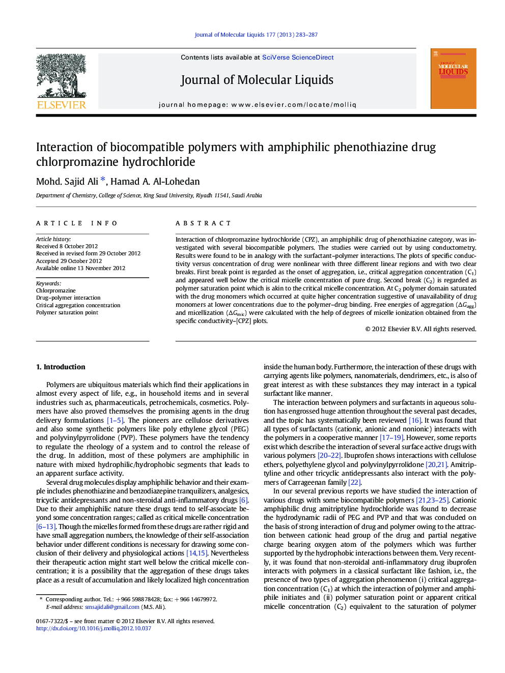 Interaction of biocompatible polymers with amphiphilic phenothiazine drug chlorpromazine hydrochloride