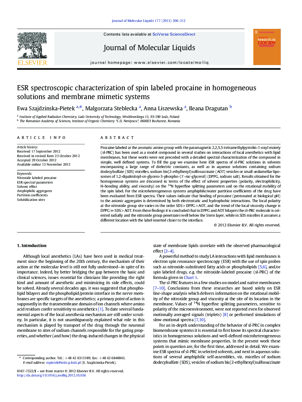 ESR spectroscopic characterization of spin labeled procaine in homogeneous solutions and membrane mimetic systems