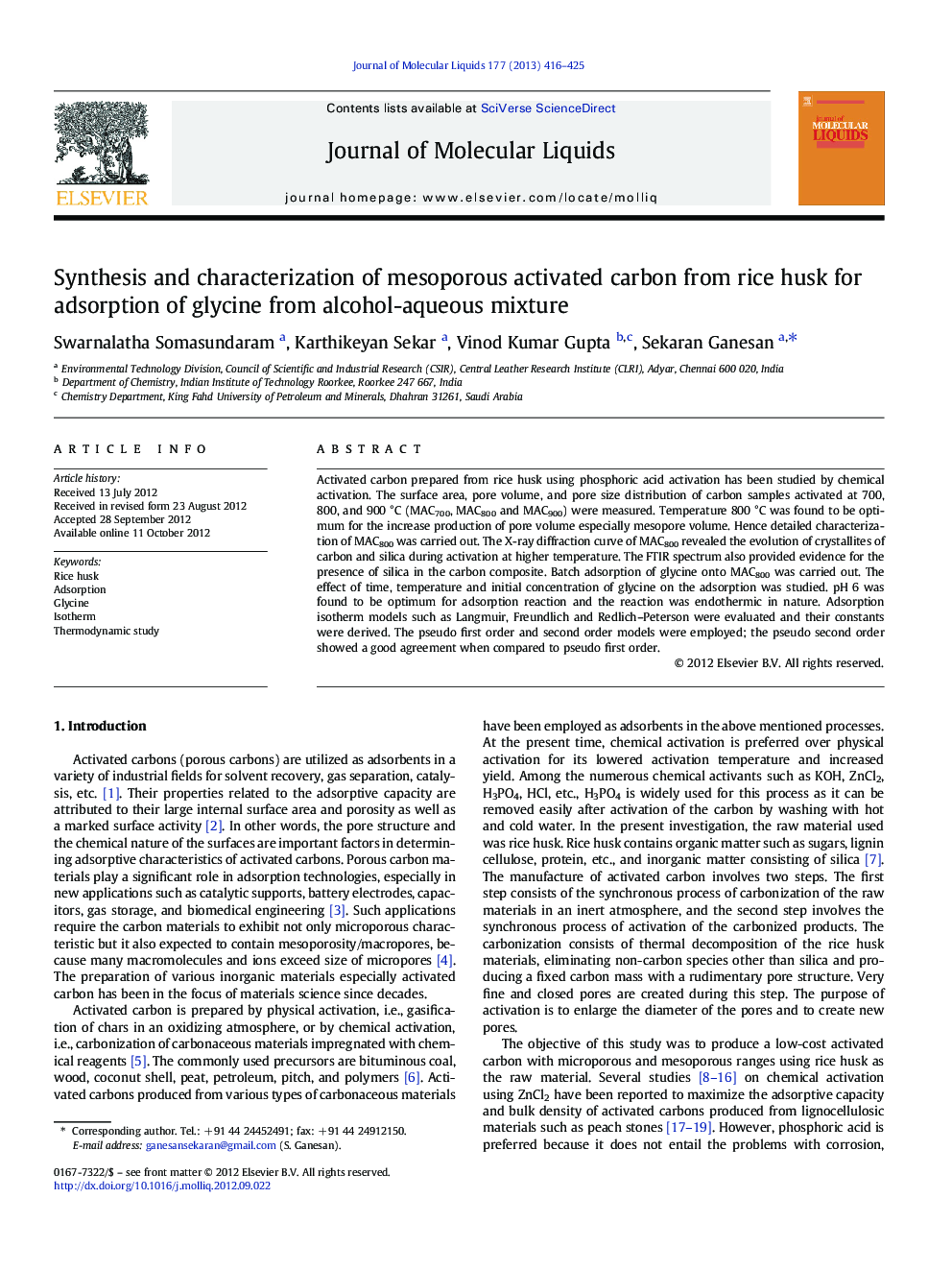 Synthesis and characterization of mesoporous activated carbon from rice husk for adsorption of glycine from alcohol-aqueous mixture