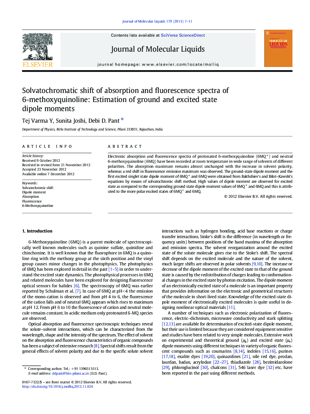 Solvatochromatic shift of absorption and fluorescence spectra of 6-methoxyquinoline: Estimation of ground and excited state dipole moments