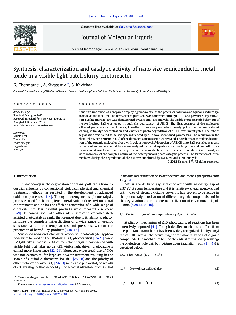 Synthesis, characterization and catalytic activity of nano size semiconductor metal oxide in a visible light batch slurry photoreactor