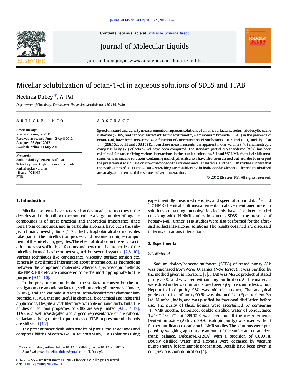 Micellar solubilization of octan-1-ol in aqueous solutions of SDBS and TTAB