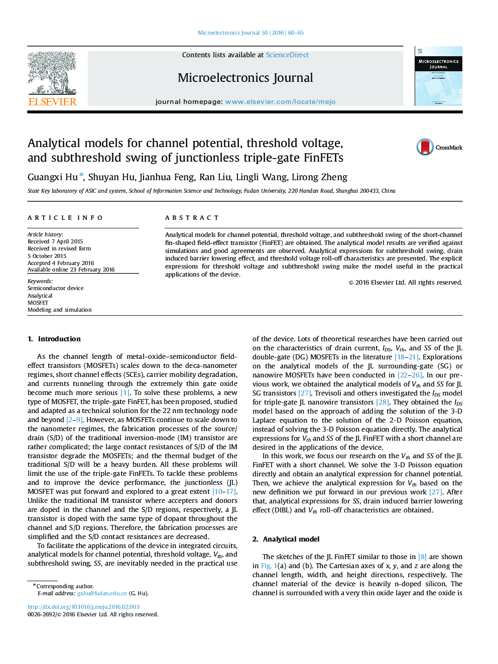 Analytical models for channel potential, threshold voltage, and subthreshold swing of junctionless triple-gate FinFETs