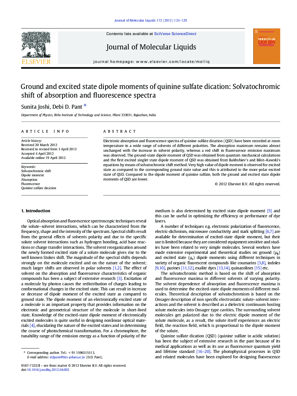 Ground and excited state dipole moments of quinine sulfate dication: Solvatochromic shift of absorption and fluorescence spectra