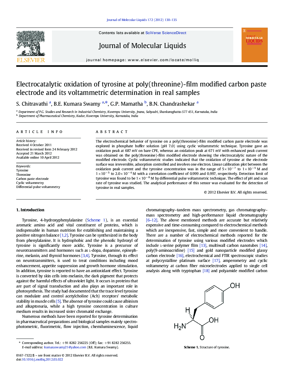 Electrocatalytic oxidation of tyrosine at poly(threonine)-film modified carbon paste electrode and its voltammetric determination in real samples