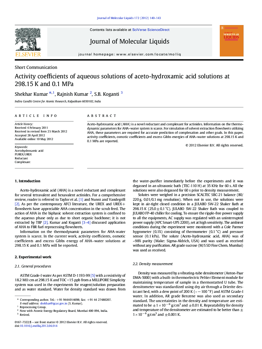 Activity coefficients of aqueous solutions of aceto-hydroxamic acid solutions at 298.15Â K and 0.1Â MPa