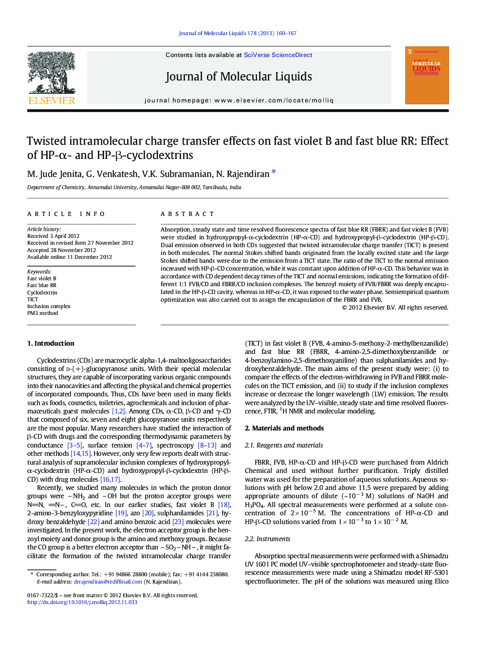 Twisted intramolecular charge transfer effects on fast violet B and fast blue RR: Effect of HP-Î±- and HP-Î²-cyclodextrins