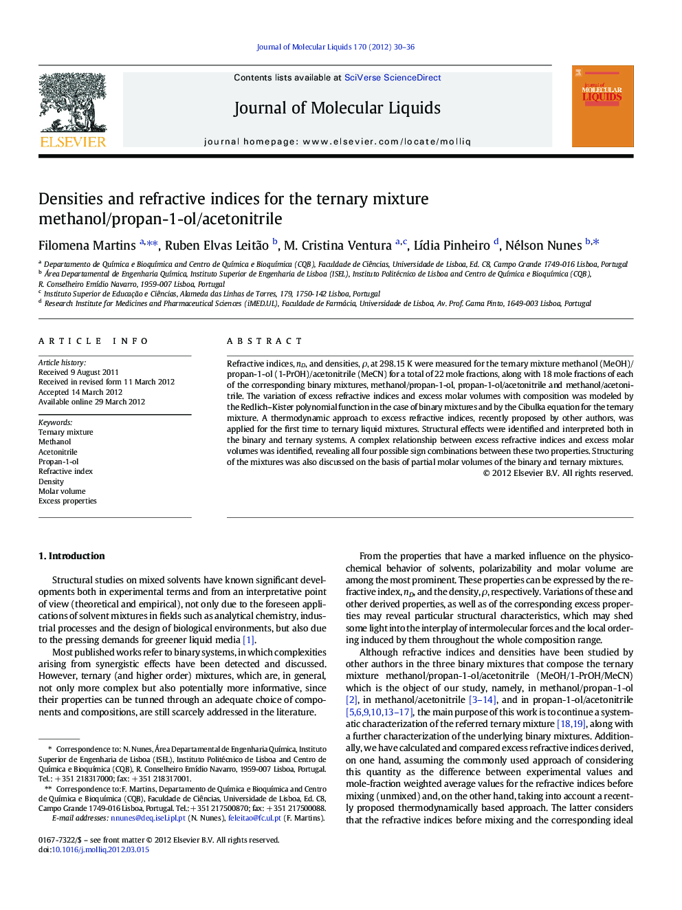 Densities and refractive indices for the ternary mixture methanol/propan-1-ol/acetonitrile