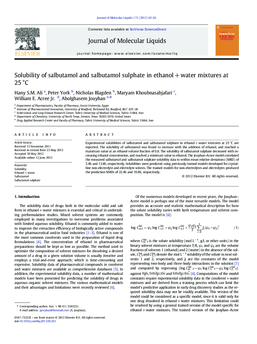 Solubility of salbutamol and salbutamol sulphate in ethanolÂ +Â water mixtures at 25Â Â°C