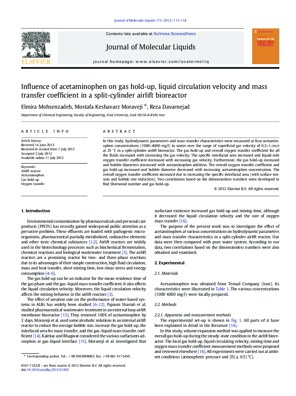 Influence of acetaminophen on gas hold-up, liquid circulation velocity and mass transfer coefficient in a split-cylinder airlift bioreactor