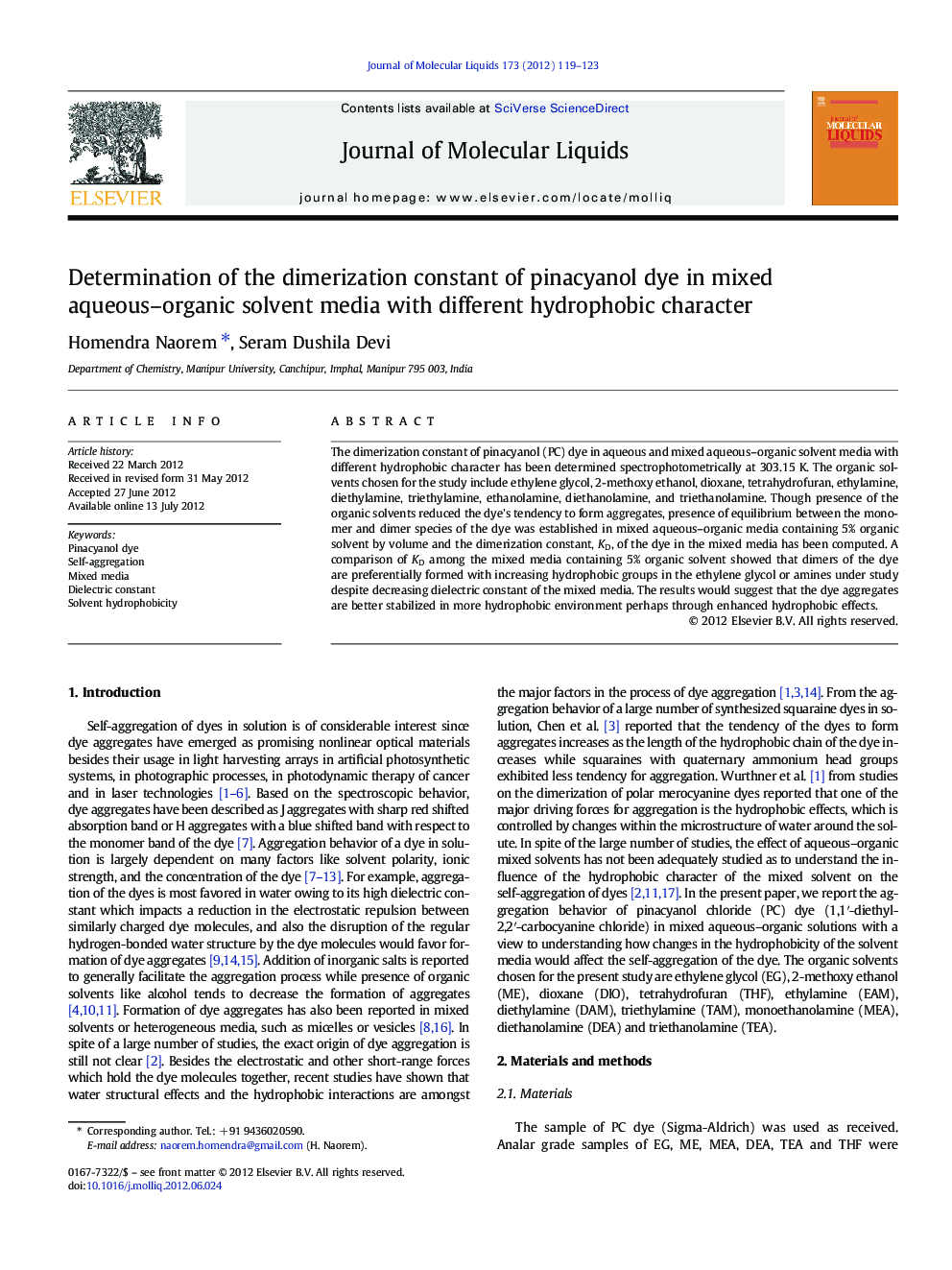 Determination of the dimerization constant of pinacyanol dye in mixed aqueous-organic solvent media with different hydrophobic character