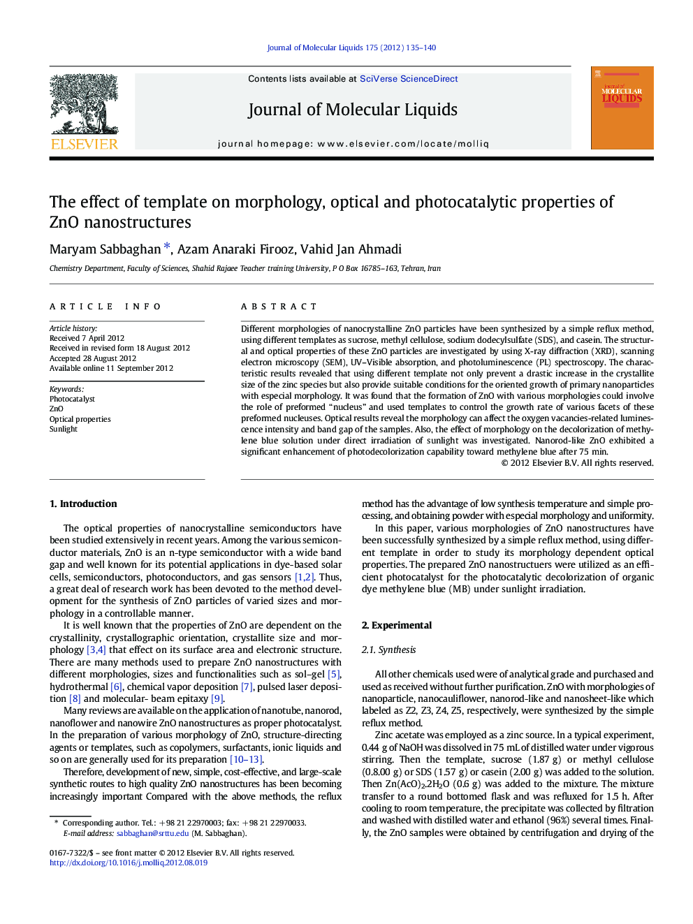 The effect of template on morphology, optical and photocatalytic properties of ZnO nanostructures